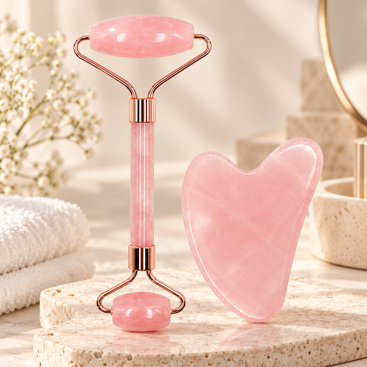 Set Rodillo Facial + Gua Sha Rosa